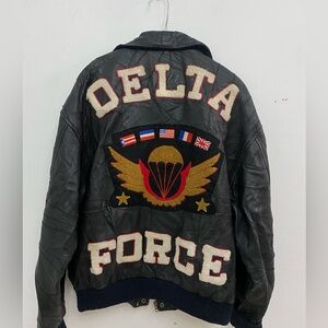 Alamos aviator Delta Force Black Leather Varsity Jacket 80’S embroidery size M